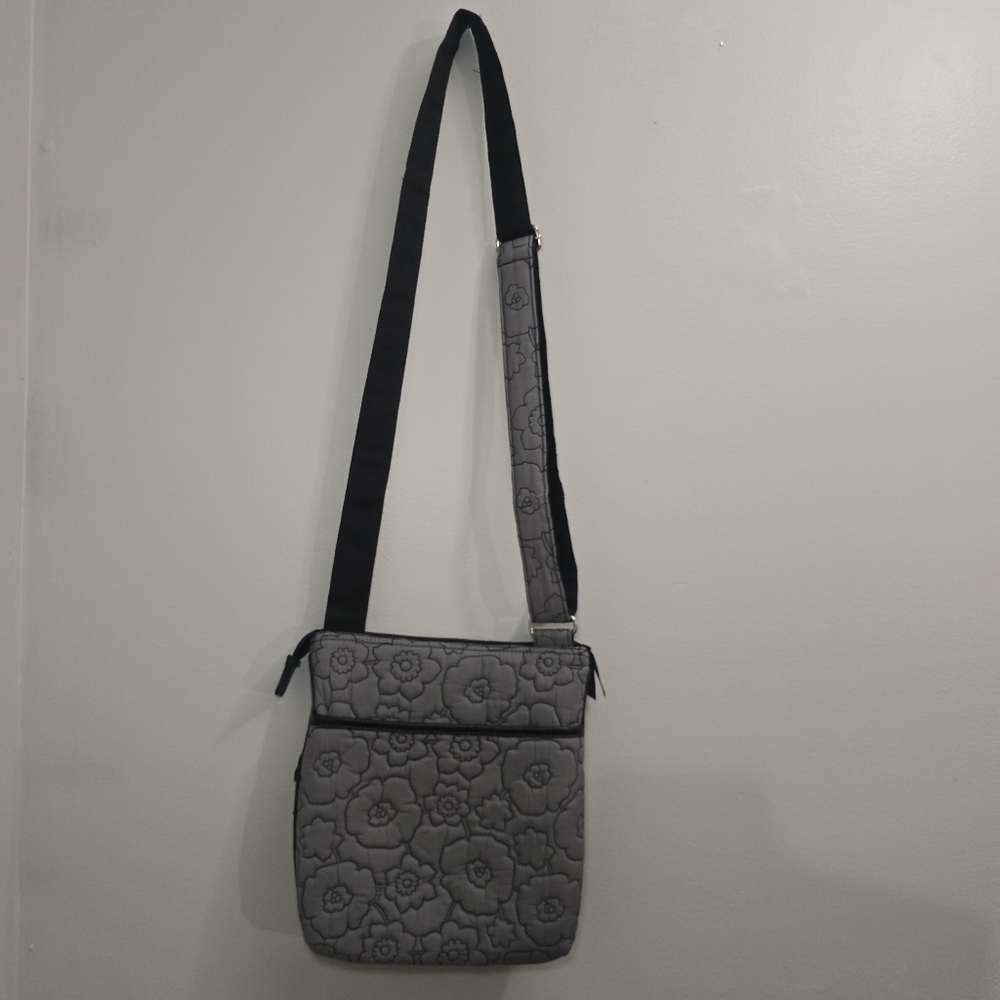 Thirty-One Quilted Crossbody Poppy Floral Shoulder Bag Gray Black Monogram A - Picture 5 of 11